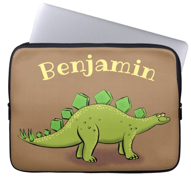 Funny green stegosaurus dinosaur cartoon laptop sleeve (Front)