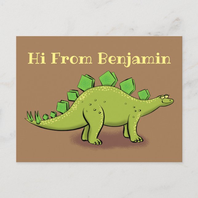 Funny green stegosaurus dinosaur cartoon postcard (Front)