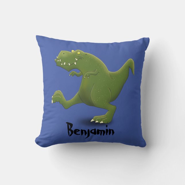 Funny green T rex dinosaur cartoon illustraton Cushion (Front)