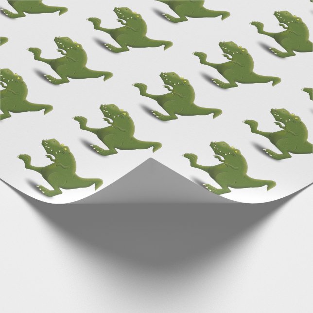 Funny green t rex dinosaur cartoon illustraton wrapping paper (Corner)