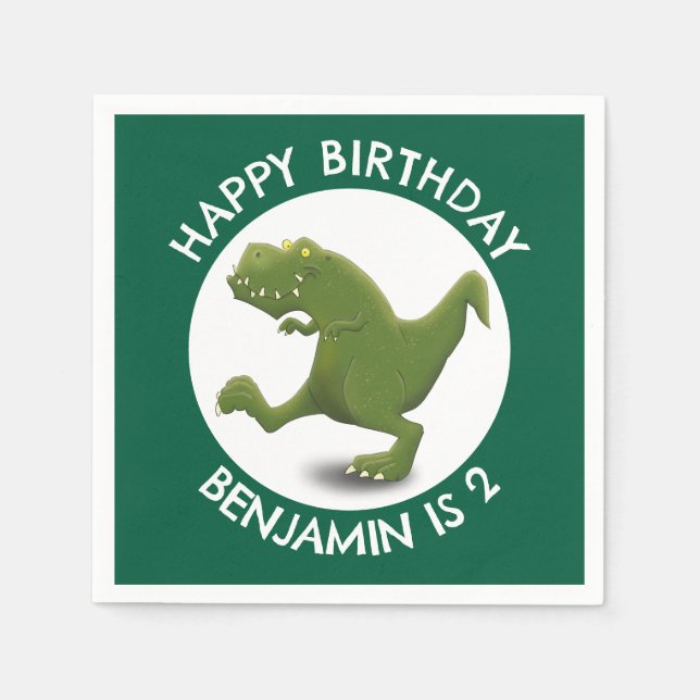 Funny green t rex dinosaur cartoon personalised napkin (Front)