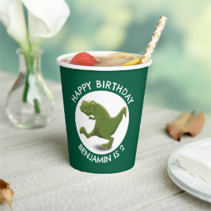 Funny green t rex dinosaur cartoon personalised paper cups