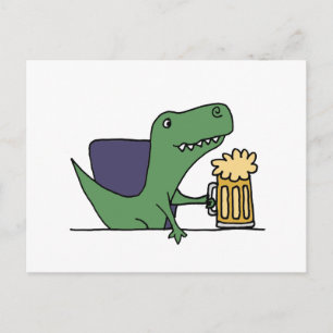 Funny Green T-Rex Dinosaur Drinking Beer Postcard