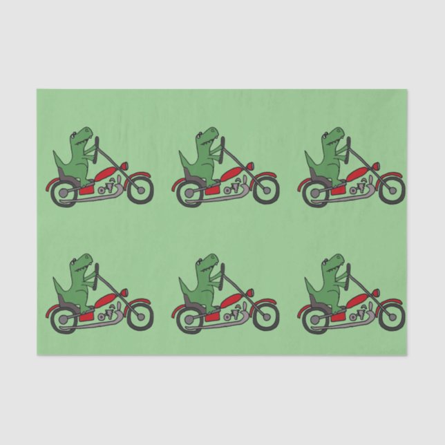 Funny Green T-rex Dinosaur on Motorcycle Tissue Paper (Front)