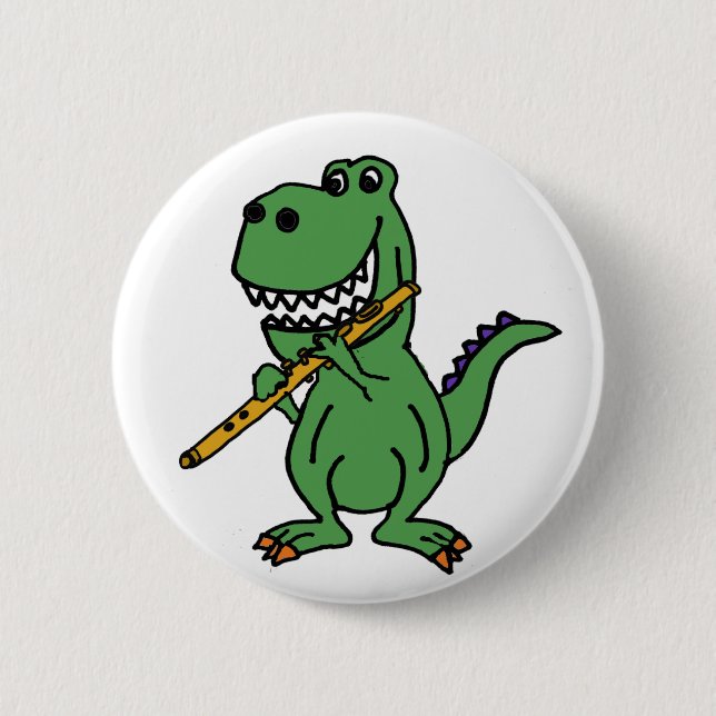 Funny Green T-rex Dinosaur Playing Flute 6 Cm Round Badge (Front)