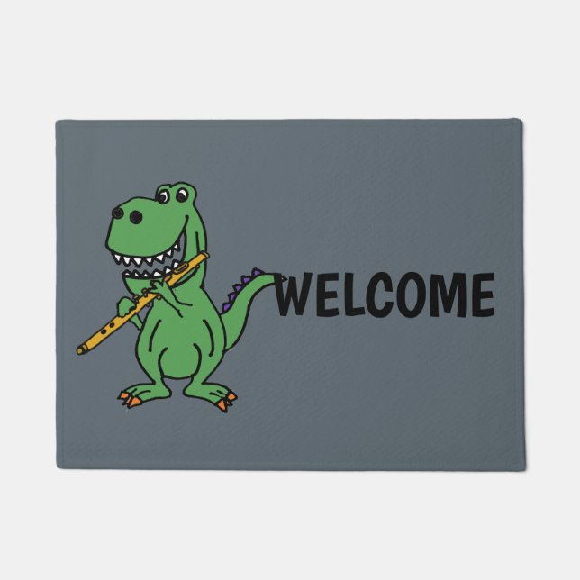Funny Green T-rex Dinosaur Playing Flute Doormat (Front)