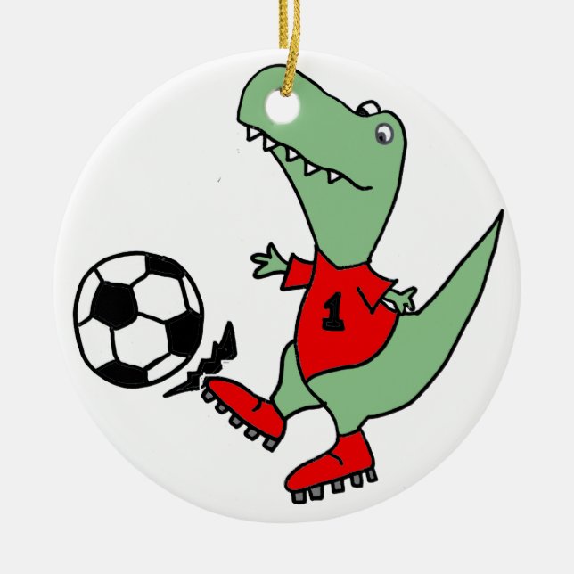Funny Green T-rex Dinosaur Playing Soccer Ceramic Tree Decoration (Front)