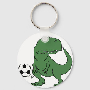 Funny Green T-rex Dinosaur Playing Soccer Key Ring