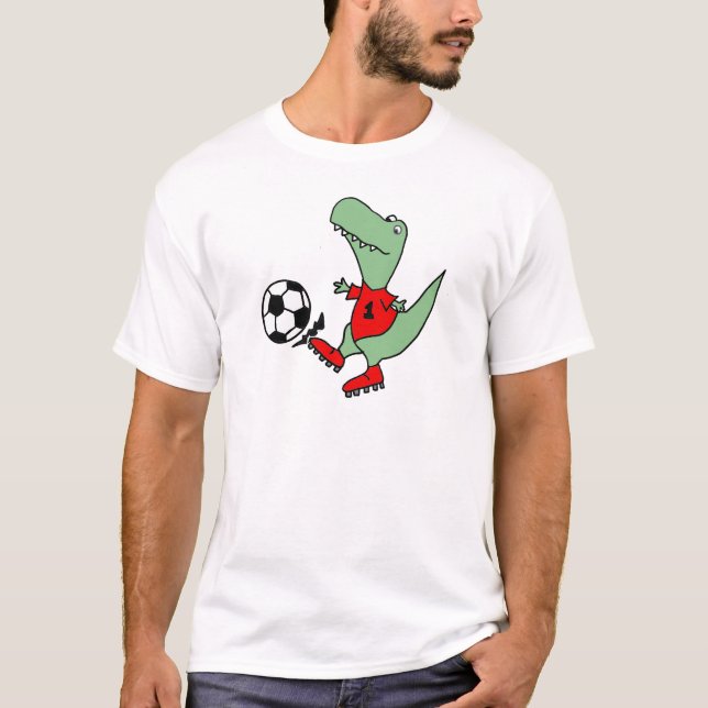 Funny Green T-rex Dinosaur Playing Soccer T-Shirt (Front)