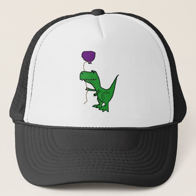 Funny Green Trex Dinosaur Holding Balloon Trucker Hat (Front)