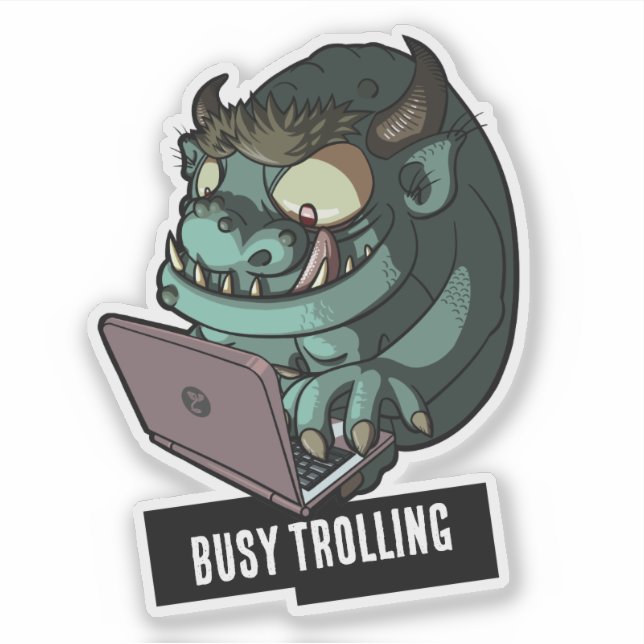 Funny Green Troll Busy Trolling On Laptop Cartoon (Front)