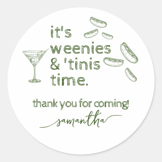 Funny Green Weenies & Tinis Martini Birthday Party Classic Round Sticker (Front)