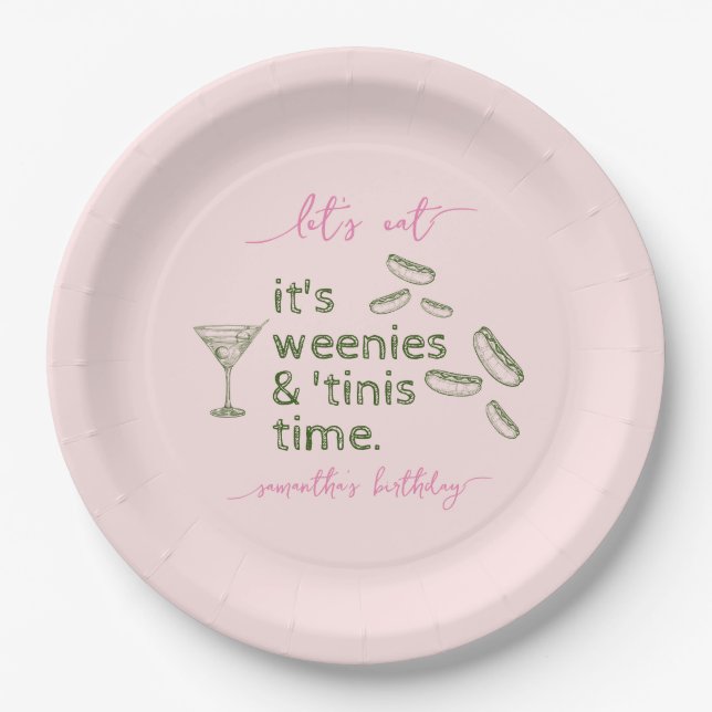 Funny Green Weenies & Tinis Martini Birthday Party Paper Plate (Front)
