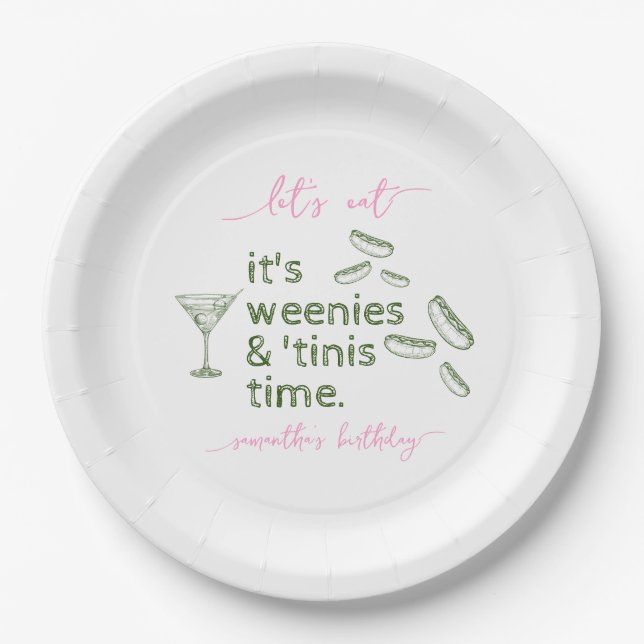 Funny Green Weenies & Tinis Martini Birthday Party Paper Plate (Front)