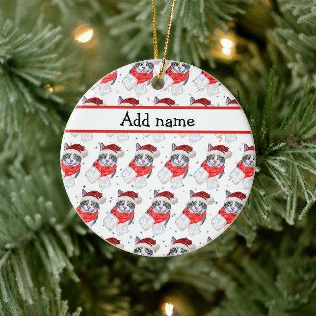 Funny Grey and White Tabby Cat Christmas Ceramic Tree Decoration (Tree)