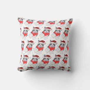 Funny Grey and White Tabby Cat Christmas Cushion