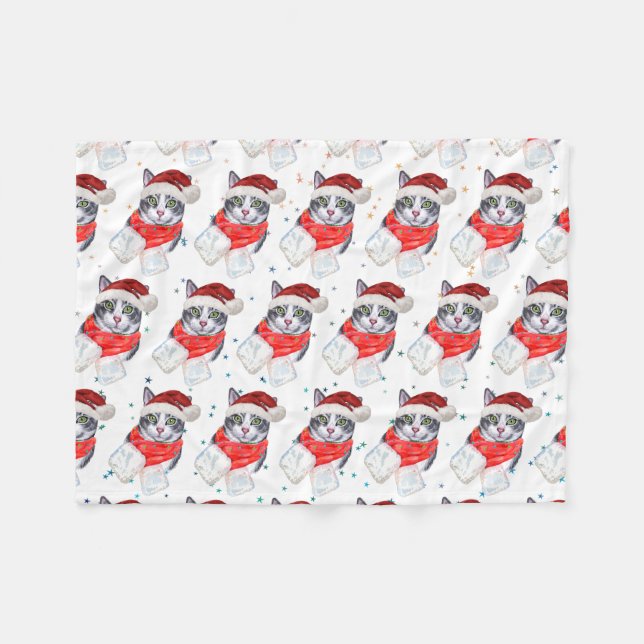 Funny Grey and White Tabby Cat Christmas Fleece Blanket (Front (Horizontal))