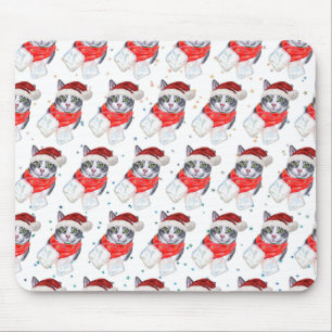 Funny Grey and White Tabby Cat Christmas Mouse Mat