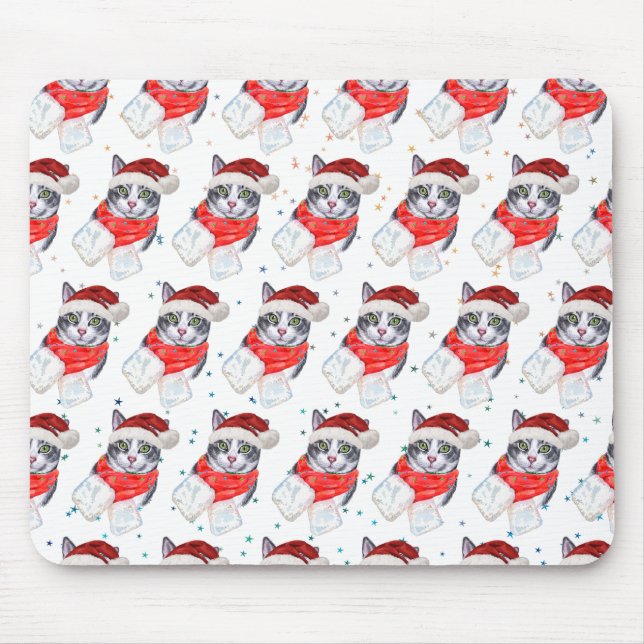 Funny Grey and White Tabby Cat Christmas Mouse Mat (Front)