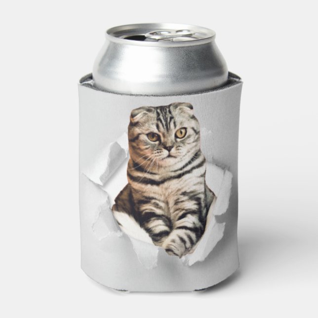 Funny Grey Cat Popping thru Torn Paper Illusion  Can Cooler (Can Front)