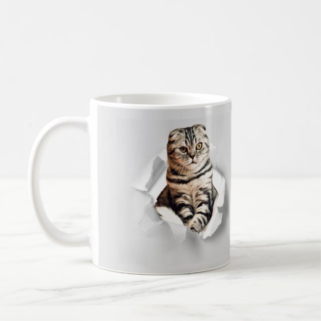 Funny Grey Cat Popping thru Torn Paper Illusion  Coffee Mug (Left)