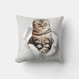 Funny Grey Cat Popping thru Torn Paper Illusion  Cushion