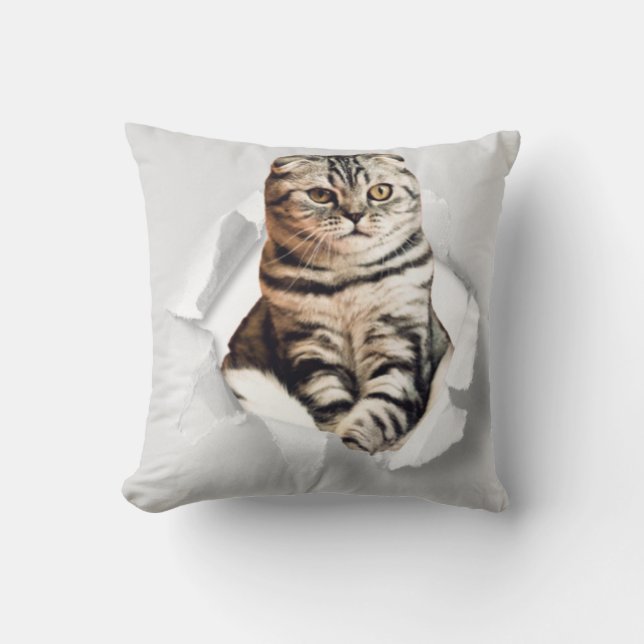 Funny Grey Cat Popping thru Torn Paper Illusion Cushion (Front)