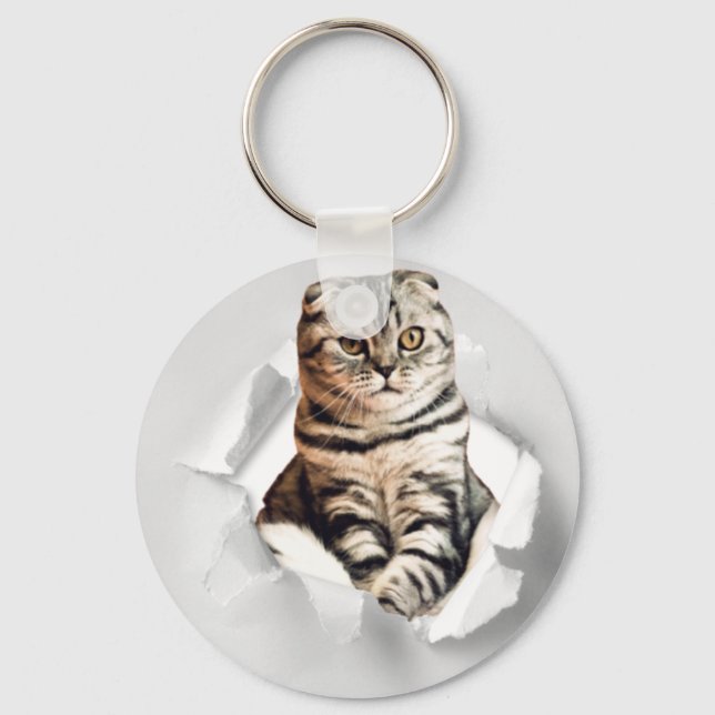 Funny Grey Cat Popping thru Torn Paper Illusion Key Ring (Front)