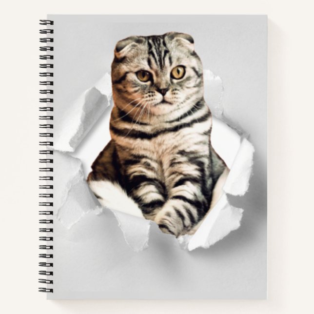 Funny Grey Cat Popping thru Torn Paper Illusion  Notebook (Front)