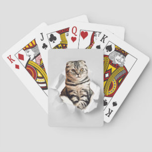 Funny Grey Cat Popping thru Torn Paper Illusion  Playing Cards