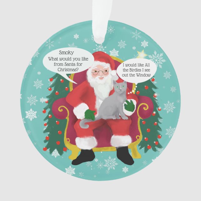Funny Grey Cat Visits Santa Custom Christmas Ornament (Front)
