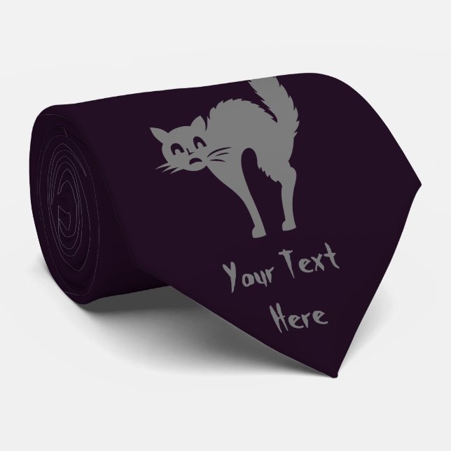 funny grey cat with arched back halloween tie (Rolled)