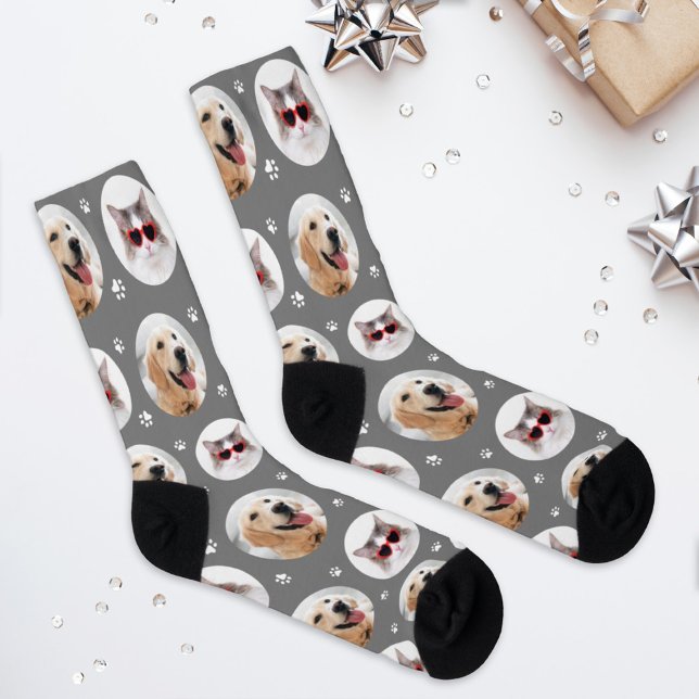 Funny Grey Custom 2 Pet Photo Paw Print Socks (Creator Uploaded)