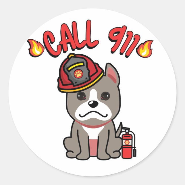 Funny Grey dog is a firefighter  Classic Round Sticker (Front)