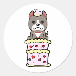 Funny grey dog jumping out of a cake classic round sticker