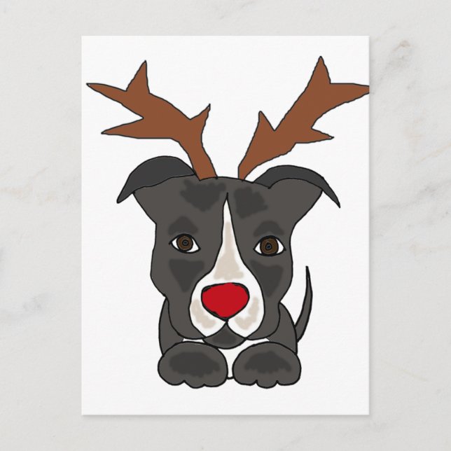 Funny Grey Pitbull Dog as Christmas Reindeer Holiday Postcard (Front)