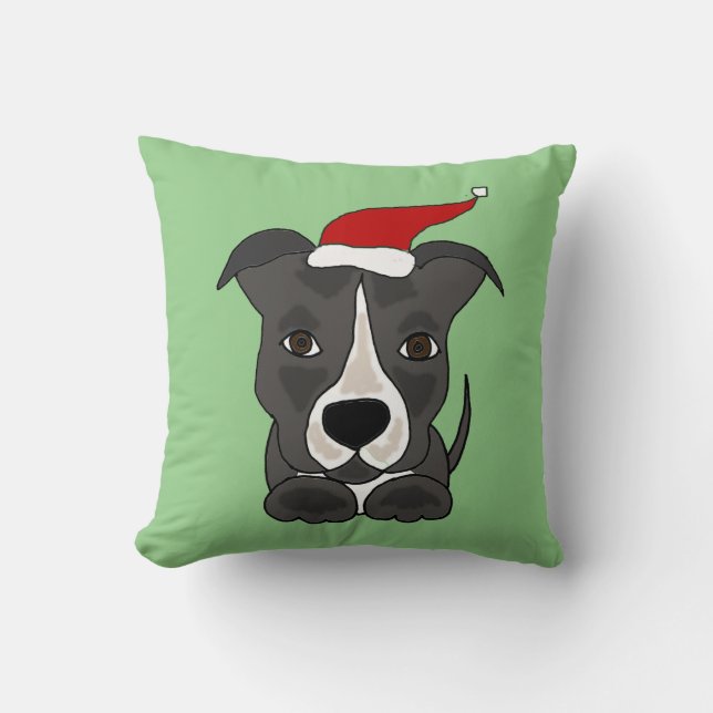 Funny Grey Pitbull in Santa Hat Christmas Art Cushion (Front)