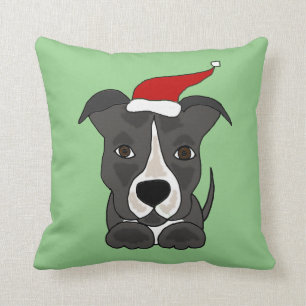 Funny Grey Pitbull in Santa Hat Christmas Art Cushion
