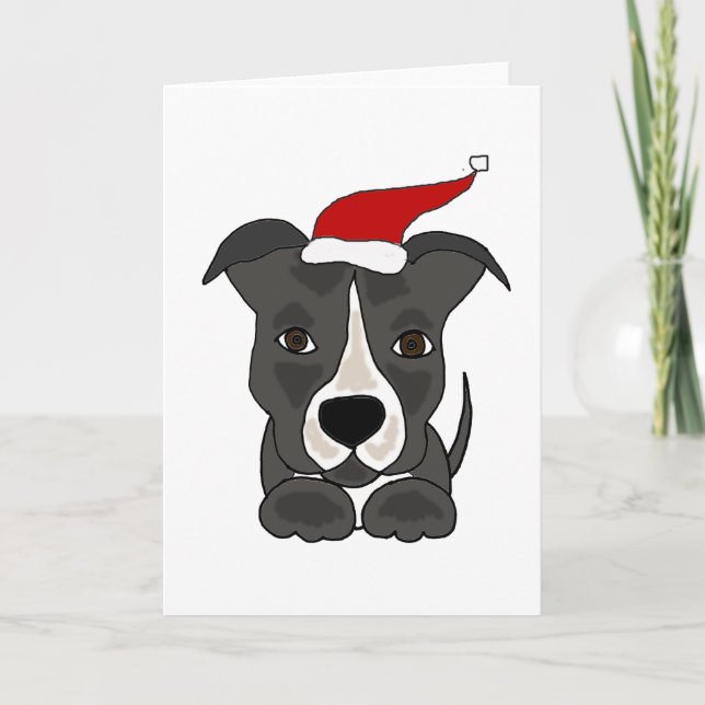 Funny Grey Pitbull in Santa Hat Christmas Art Holiday Card (Front)