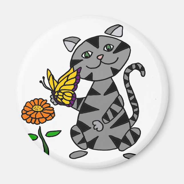 Funny Grey Tabby Cat Holding Butterfly Magnet (Front)