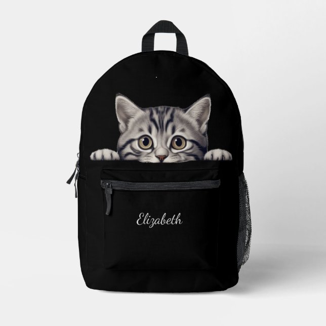 Funny Grey Tabby Cat Peeking Printed Backpack (Front)