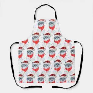 Funny Grey Tabby Cat With Santa Hat Christmas Apron