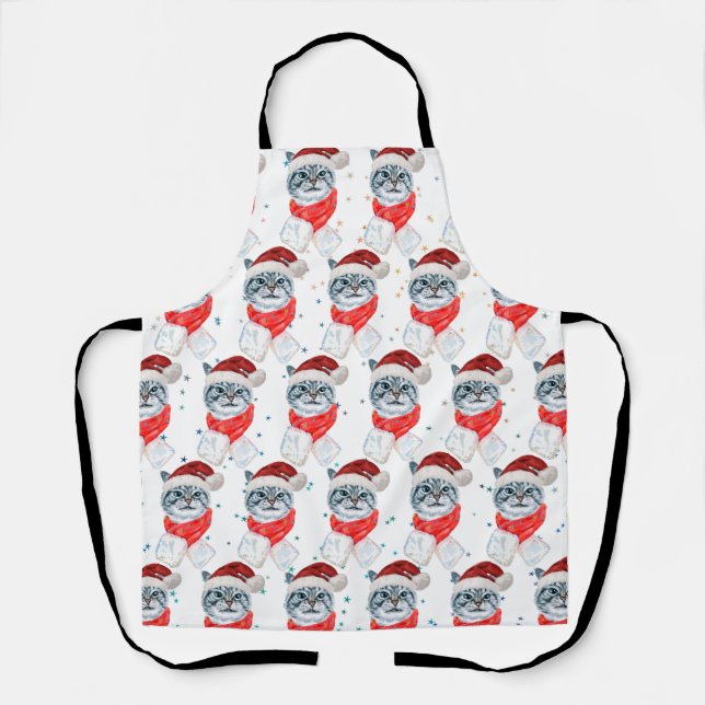 Funny Grey Tabby Cat With Santa Hat Christmas Apron (Front)