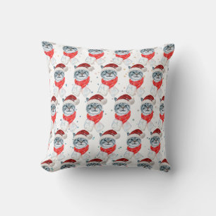 Funny Grey Tabby Cat With Santa Hat Christmas Cushion