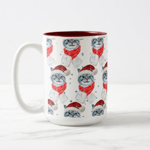 Funny Grey Tabby Cat With Santa Hat Christmas Two-Tone Coffee Mug