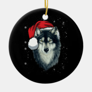 Funny Grey Wolf Christmas Santa Hat Wolves Outfit Ceramic Tree Decoration
