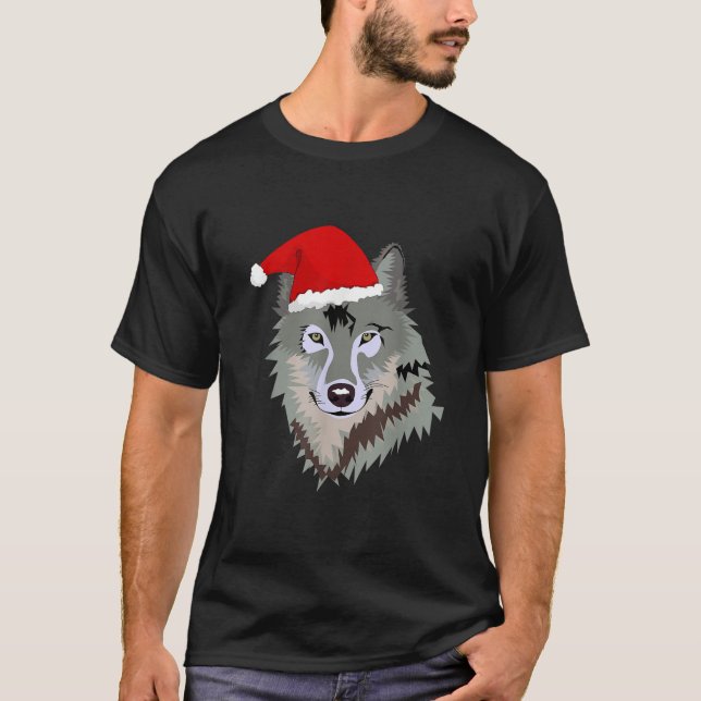 Funny Grey Wolf Christmas Santa Hat Wolves Outfit  T-Shirt (Front)