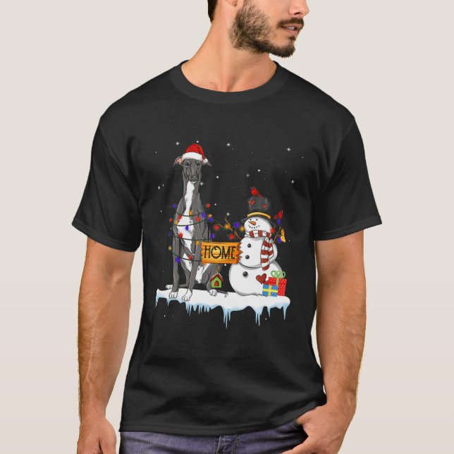 Funny Greyhound Dog Christmas Snowman Xmas Lights T-Shirt (Front)