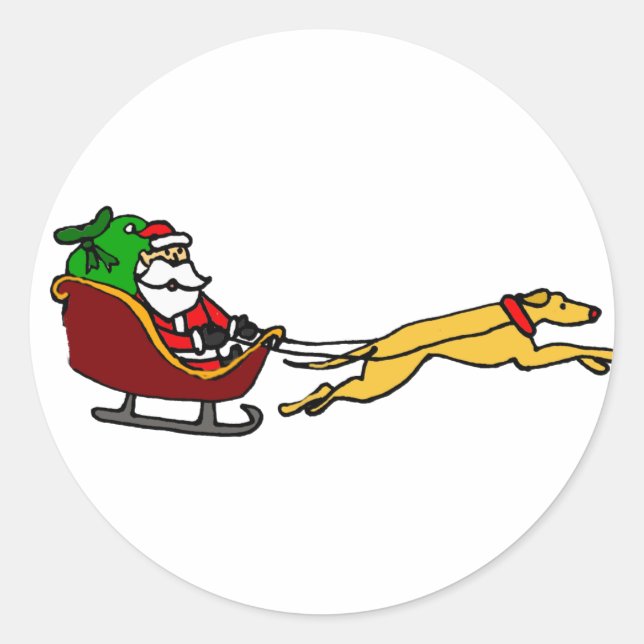 Funny Greyhound Pulling Christmas Sleigh Classic Round Sticker (Front)