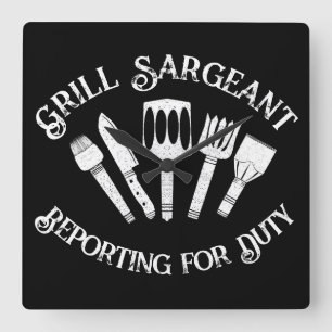 Funny Grill Sargeant’ – BBQ Gift for Men Black Square Wall Clock